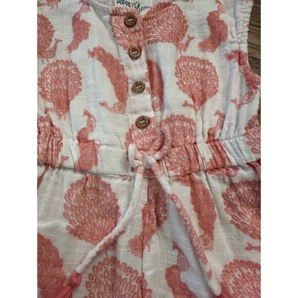 Poppet and Fox Girls Peach and White Peacock Cotton Sleeveless Romper Size 3T - Picture 3 of 6